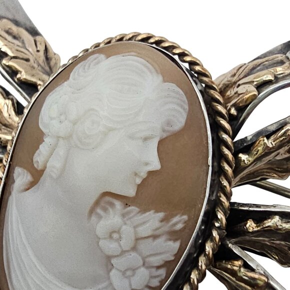 Vintage Hobe? Carved Shell Cameo Ribbon Brooch Sterling Silver 14K GF Tested - Picture 8 of 16